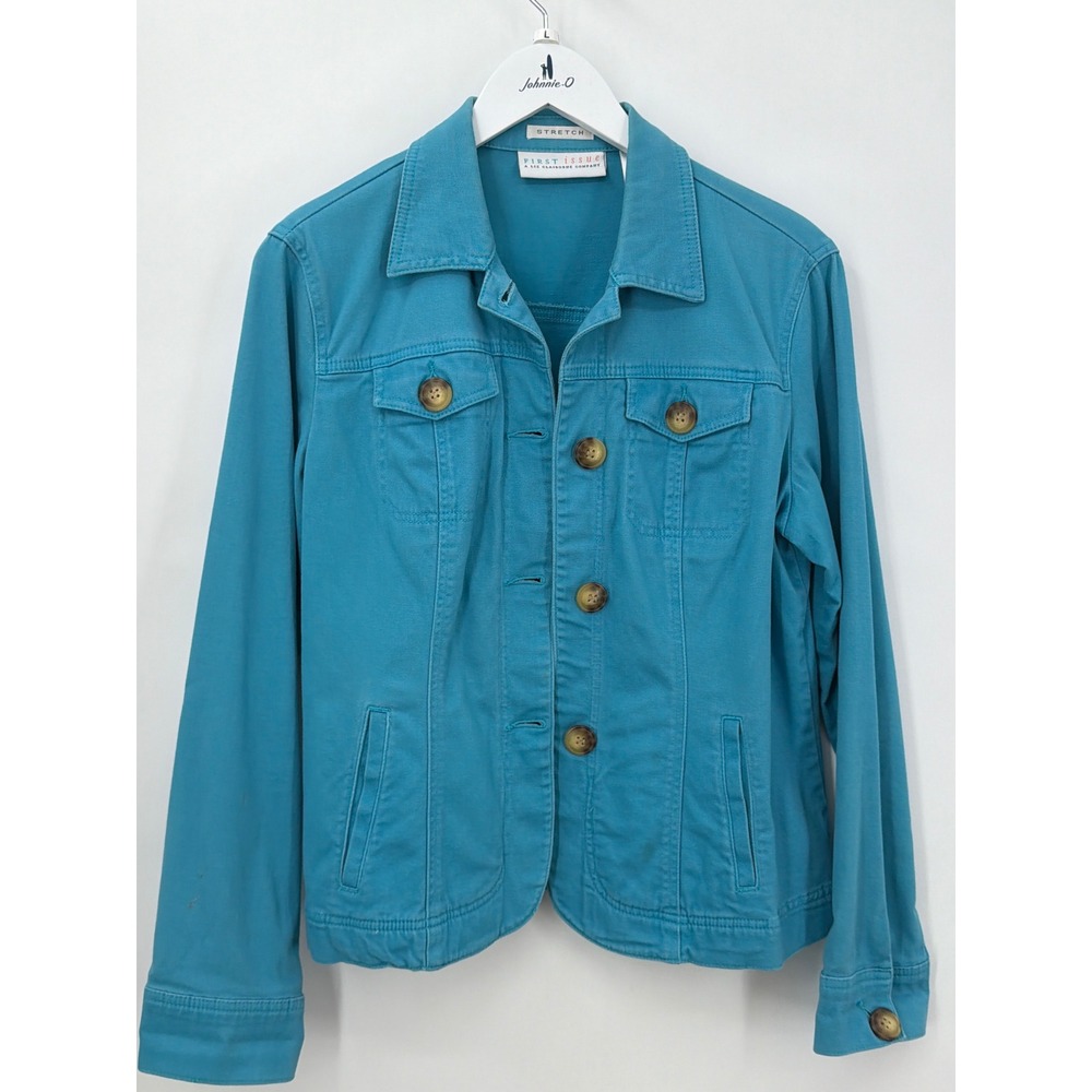First Issue Liz Claiborne Teal Blue Stretch Cotton Button Front Jacket Large